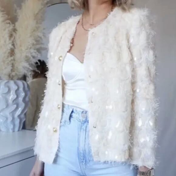 NEW Zara Cream Sequin Cropped Blazer Medium - Picture 3 of 13